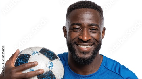Smiling Soccer Player Holding Ball in Blue Shirt