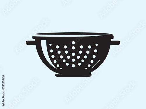 Classic kitchen utensil silhouette — a colander viewed from the side in full black, round bowl form and subtle handle lines