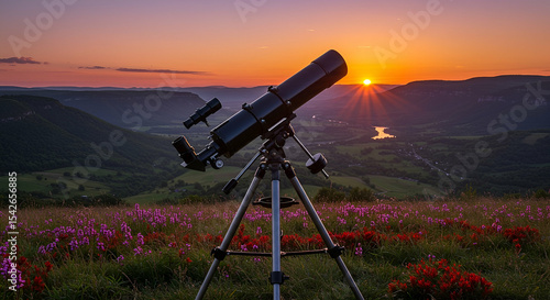 Telescope on a Hilltop at Sunset
