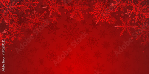 Christmas illustration in red tones featuring intricate snowflakes of varying sizes and designs arranged on top, with barely noticeable dark silhouettes of snowflakes in the background.