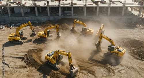 Aerial View of Multiple Yellow Excavators Working on a Construction Site