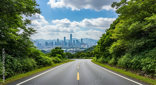 Asphalt Road Leading to a City Skyline Viewed from a Lush Green Hillside