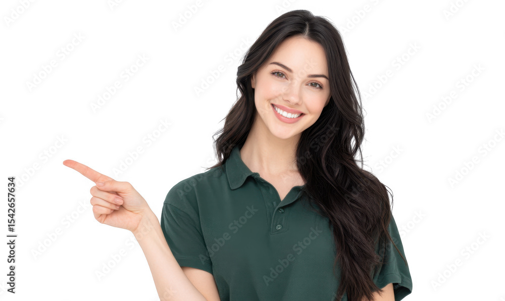 A cheerful young woman in a green polo shirt smiles while pointing to the right. set against a plain white background. ideal for promotional materials or social media content A cheerful young woman in a green polo shirt smiles while pointing to the right. set against a plain white background. ideal for promotional materials or social media content