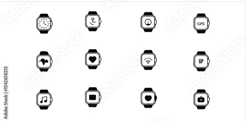 Illustration of black and white smart watch icons displaying various functions and applications