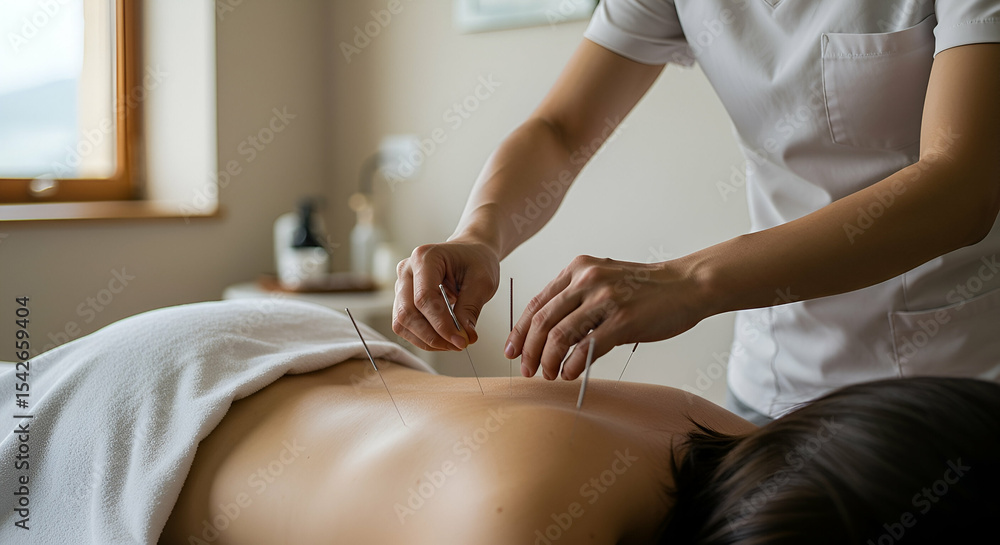 Obraz premium Acupuncture Treatment: Woman Receiving Back Acupuncture in a Serene Spa Setting
