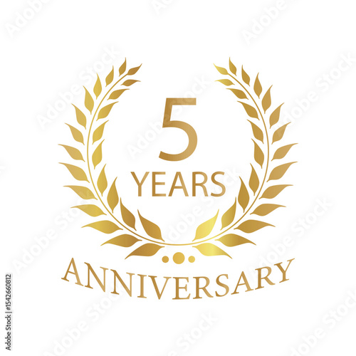 Golden anniversary Laurel Wreath Badge – Vector Icon for Milestone, Celebration and Award Design of 5years.