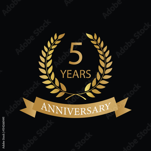 Golden anniversary Laurel Wreath Badge – Vector Icon for Milestone, Celebration and Award Design of 5years.
