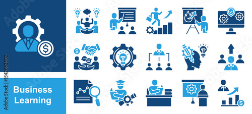 Business Learning icon set with Workshop, Course, Career, Presentation, Information System, Negotiation.	