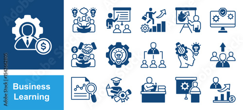 Business Learning icon set with Workshop, Course, Career, Presentation, Information System, Negotiation.	