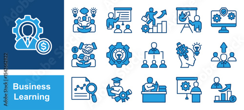 Business Learning icon set with Workshop, Course, Career, Presentation, Information System, Negotiation.	