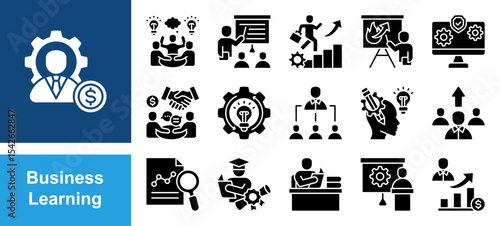 Business Learning icon set with Workshop, Course, Career, Presentation, Information System, Negotiation.	