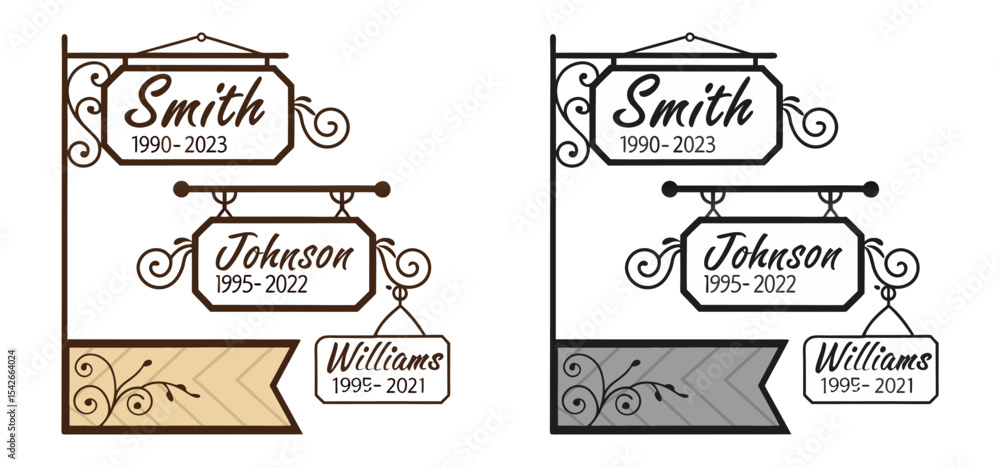 Memorial signage collection featuring last names and dates designed with intricate ornate decorative elements for remembrance Memorial signage collection featuring last names and dates designed with intricate ornate decorative elements for remembrance