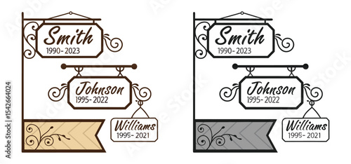 Memorial signage collection featuring last names and dates designed with intricate ornate decorative elements for remembrance