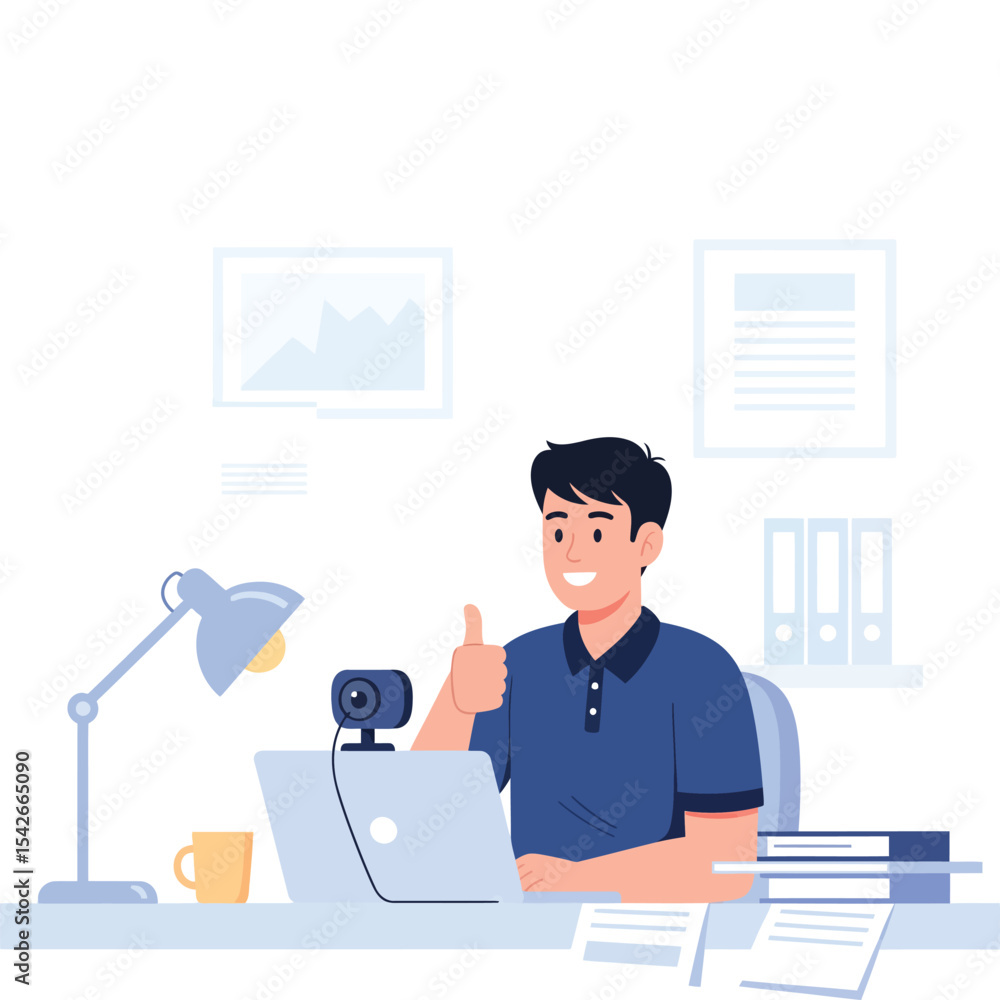 Happy Man Working Remotely on Laptop Giving Thumbs Up. Happy Man Working Remotely on Laptop Giving Thumbs Up.
