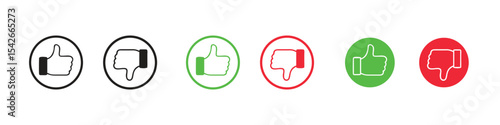 Set of thumbs-up and thumbs-down icons in black, gray, red, and green, symbolizing approval, disapproval, and feedback.