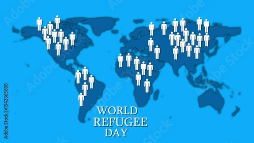 Human icon Standing progress on world map footage clip. Concept for world refugee day and daily increase world population