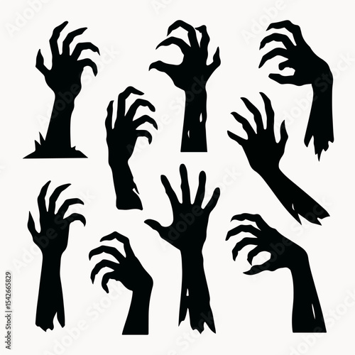 Zombie arms. Halloween bony hands silhouettes, horror scrawny zombie monsters hands flat vector illustration set. Spooky living dead creepy hands