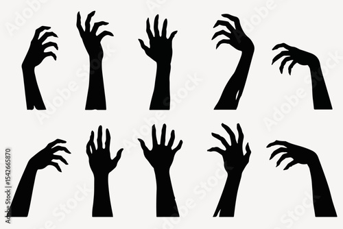 Zombie arms. Halloween bony hands silhouettes, horror scrawny zombie monsters hands flat vector illustration set. Spooky living dead creepy hands