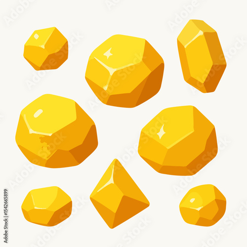 Gold stones. Yellow mine nuggets, golden shiny stones, jewel nuggets flat vector illustration set. Cartoon golden treasure rocks on white