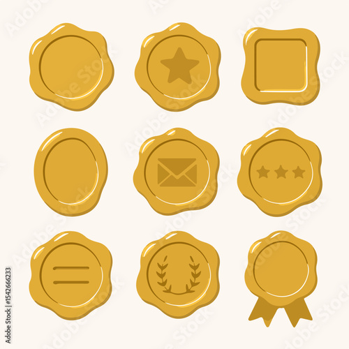Golden wax stamps. Vintage seal stamp, wax postage label marks, medieval post signet flat vector illustration set. Cartoon postal paraffin stamps