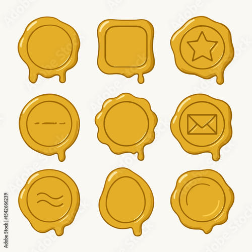 Golden wax stamps. Vintage seal stamp, wax postage label marks, medieval post signet flat vector illustration set. Cartoon postal paraffin stamps