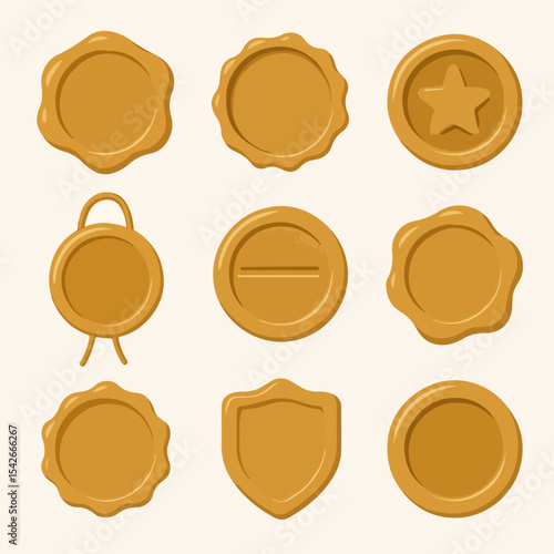 Golden wax stamps. Vintage seal stamp, wax postage label marks, medieval post signet flat vector illustration set. Cartoon postal paraffin stamps