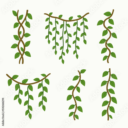 Jungle liana plants. Rainforest liana vines, tropical climbing ivy creepers, exotic ivy creeper flat vector illustration. Cartoon evergreen climbing plant