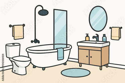 Modern bathroom. Cartoon bathroom interior with bathtub and shower, indoor facilities interior flat vector illustration. Convenient minimalist bathroom