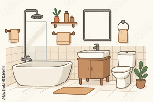 Modern bathroom. Cartoon bathroom interior with bathtub and shower, indoor facilities interior flat vector illustration. Convenient minimalist bathroom