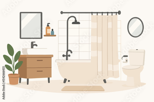 Modern bathroom. Cartoon bathroom interior with bathtub and shower, indoor facilities interior flat vector illustration. Convenient minimalist bathroom
