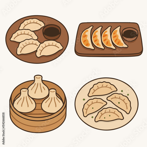 Asian dumplings. Cartoon traditional meat dumplings  Japanese gyoza and khinkali flat vector illustration set. Asian food plates