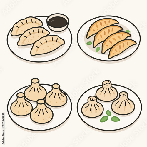 Asian dumplings. Cartoon traditional meat dumplings  Japanese gyoza and khinkali flat vector illustration set. Asian food plates