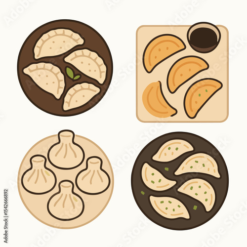 Asian dumplings. Cartoon traditional meat dumplings  Japanese gyoza and khinkali flat vector illustration set. Asian food plates