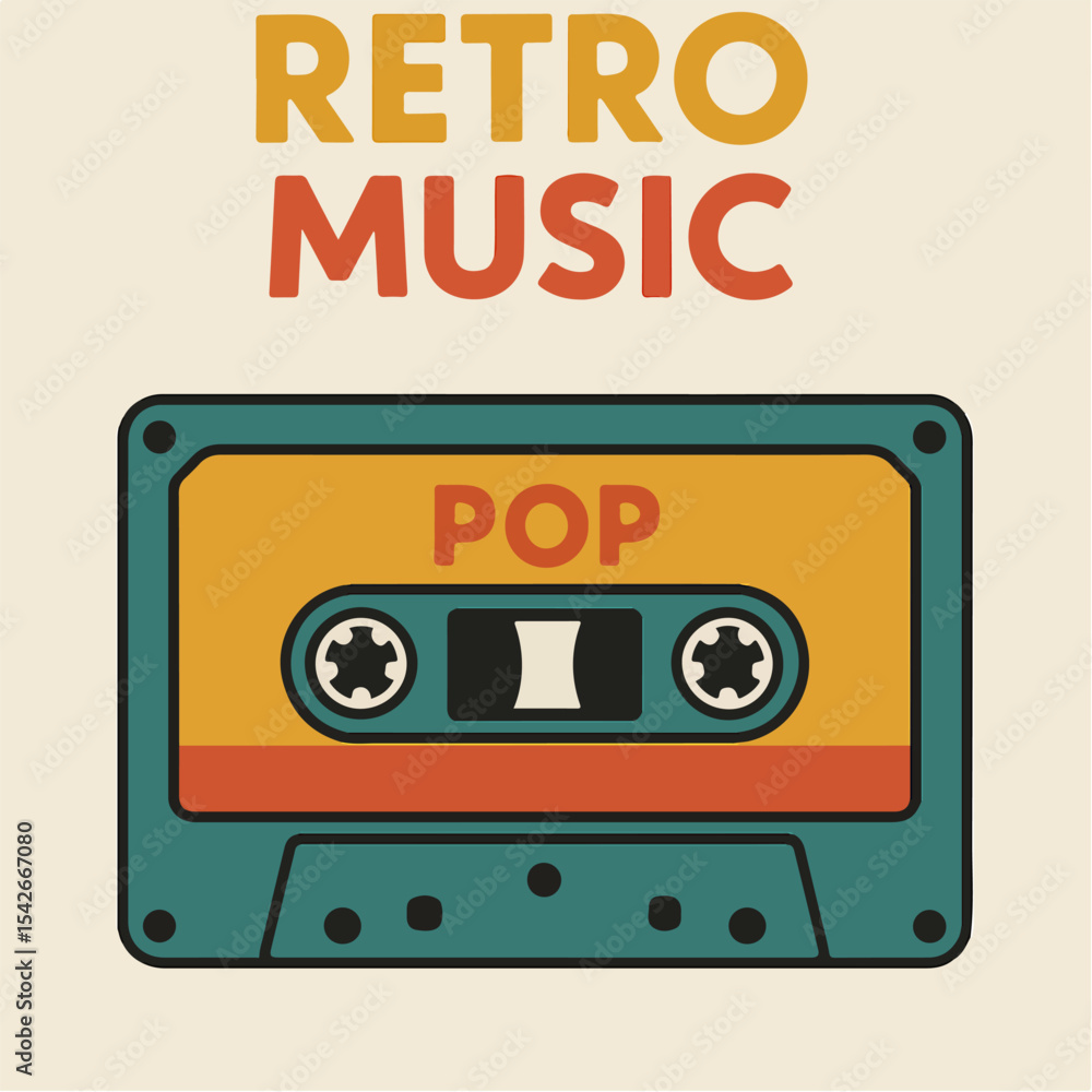 Obraz premium Retro music cassette poster. Audio tape backdrop, pop music album tape design flat vector background illustration. Cartoon old school music audio tape 
