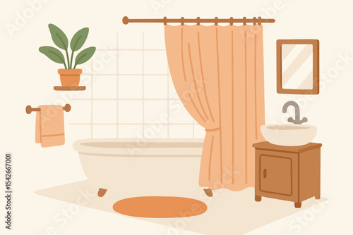 Cartoon modern bathroom. Cozy bathroom interior tub, rug and bathroom curtains flat vector illustration. Washroom interior
