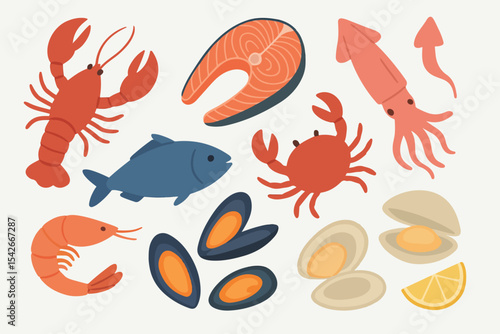 Sea food. delicious ocean seafood flat vector illustration set. Cartoon mediterranean diet food
