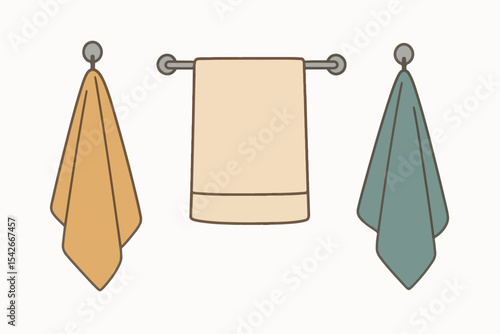 Textile towels. Fabric hand towels, kitchen or shower hanging foot towels, fabric towels on hanger flat vector illustration. Cartoon bathroom textile
