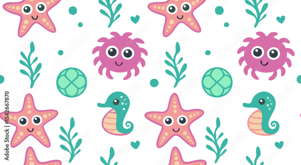 Fototapeta premium Cute doodle sea animal's seamless pattern background vector design
