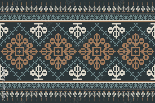 Ethnic Textile Motif Dark Teal Pixelated Design with Geometric Borders