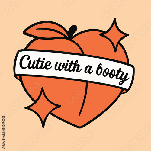 Playful Heart-Shaped Peach with 'Cutie with a Booty' Sticker.eps