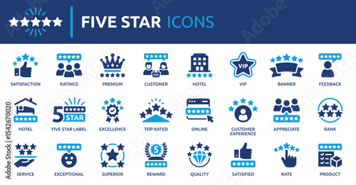 Five star icon set. Containing satisfaction, review, rating, premium, quality, 5 star, feedback, excellence and more. Solid vector icons collection.
