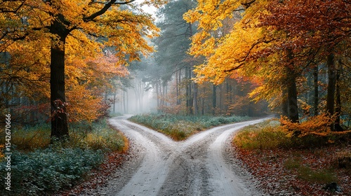 A forked road through golden autumn woods, symbolizing life's choices in nature's quiet embrace.