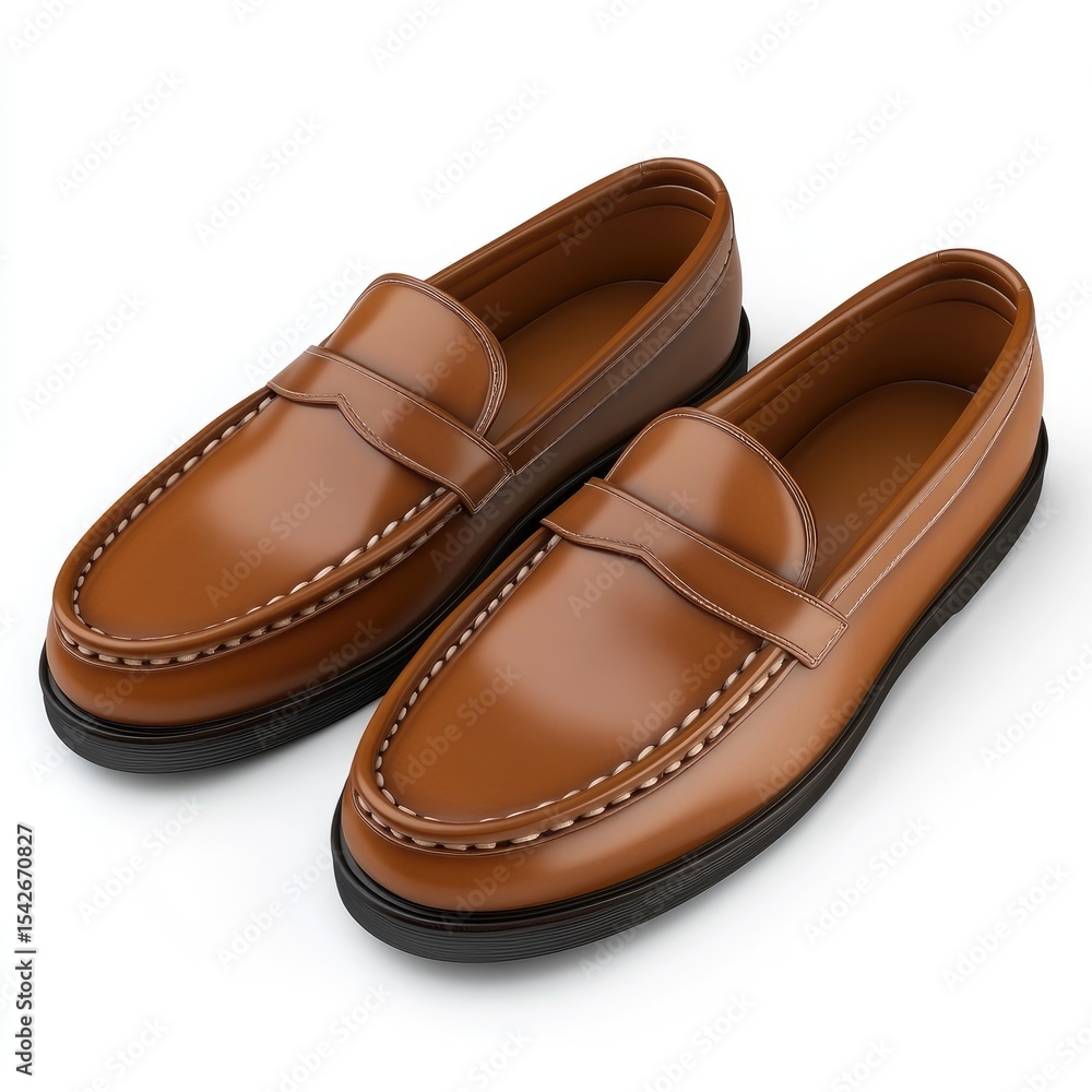 Two tan leather loafers, soles black, stitching visible Two tan leather loafers, soles black, stitching visible