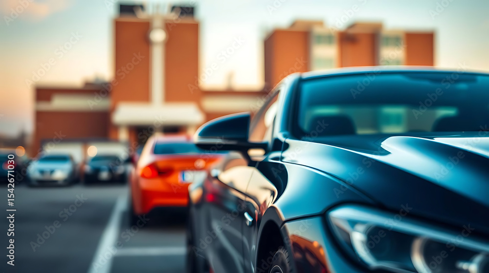 A Row of Cars Parked in an Urban Parking Lot in Front of Building A Row of Cars Parked in an Urban Parking Lot in Front of Building