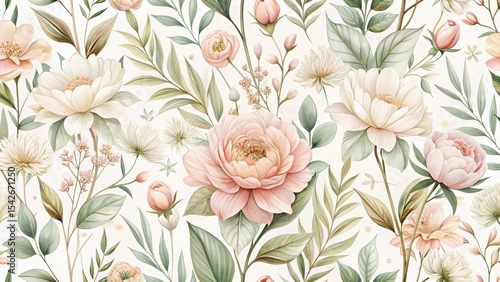 Elegant Botanical Illustration Featuring Delicate Pastel Blooms and Lush Greenery in a Seamless Pattern Design