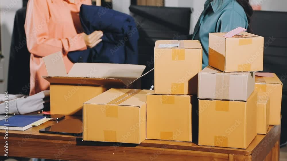 Entrepreneur, small business, SME, freelance woman working from home with lots of boxes on the side. Use smartphones and laptops for commercial monitoring. online marketing packaging box online sale Entrepreneur, small business, SME, freelance woman working from home with lots of boxes on the side. Use smartphones and laptops for commercial monitoring. online marketing packaging box online sale