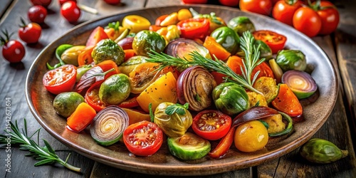 Aromatic Roasted Vegetable Medley  A vibrant mix of Brussels sprouts, tomatoes, onions, and carrots, seasoned with rosemary, displayed on a rustic wooden table.