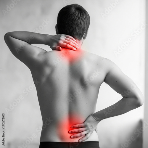 A person with their back facing the camera, hands on their neck and lower back. Red highlights indicate pain or discomfort in those areas, with the rest of the image in grayscale.