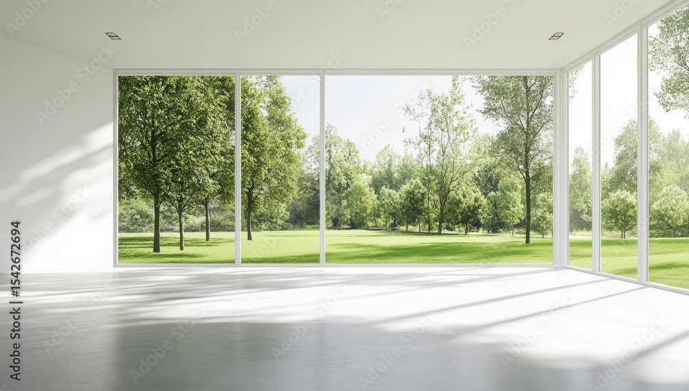 Fototapeta premium Bright, modern room with large windows showcasing a lush park