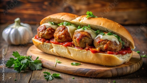 Delicious Meatball Sub with Melted Cheese and Fresh Herbs on Rustic Wooden Board